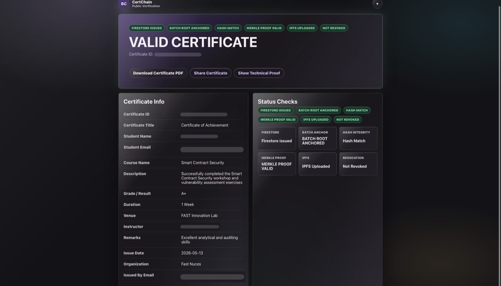 Public certificate verification page showing a valid certificate with Firestore, batch anchor, hash, Merkle proof, IPFS and revocation checks.